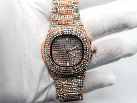 Yacht Club Pave Half Iced Fashion Men's Watch in Rose, White & Yellow Gold