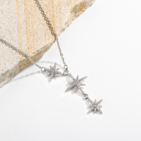 Three Star Minimalist Necklace in White Gold