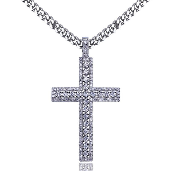 3 ROW CZ CROSS PENDANT IN WHITE GOLD