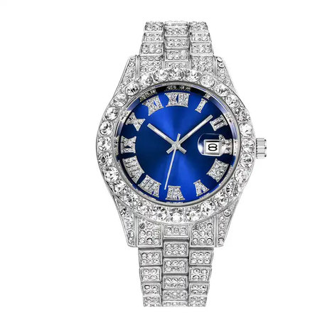 Blue Dial Silver Bracelet Pave Iced Roman Numerals With Date Fashion Men's Watch