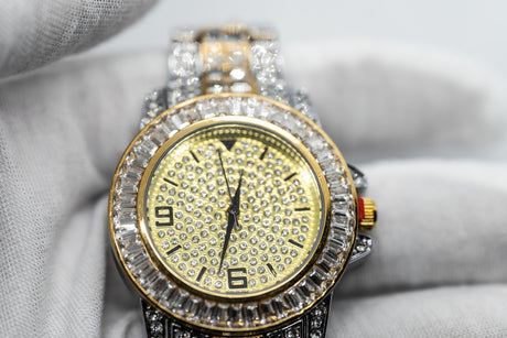 Two Tone Baguette Half Iced Fashion Men's Watch in Yellow & White Gold