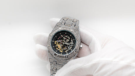 Automatic White Gold Skeleton Face Iced Watch