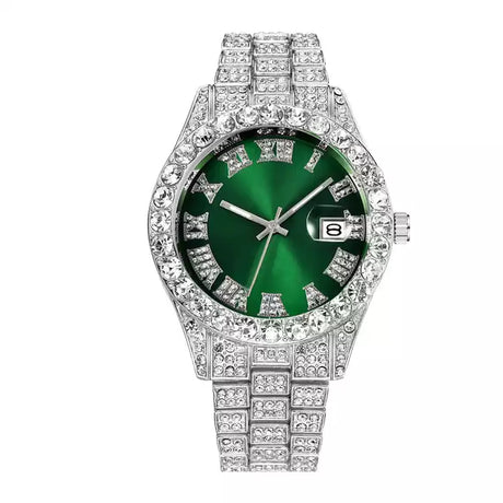 Green Dial Silver Bracelet Pave Iced Roman Numerals With Date Fashion Men's Watch