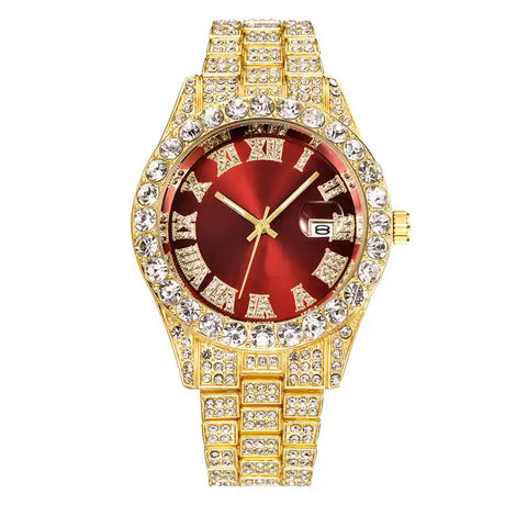 Red Dial Gold Bracelet Pave Iced Roman Numerals With Date Fashion Men's Watch