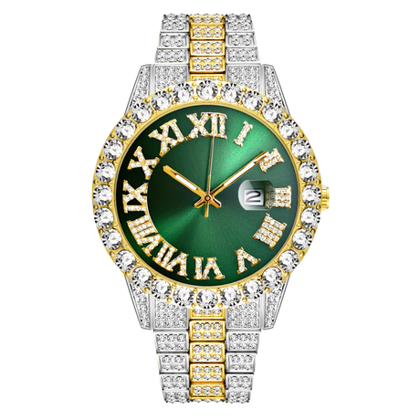Green Dial Two Tone Bracelet Pave Iced Roman Numerals With Date Fashion Men's Watch