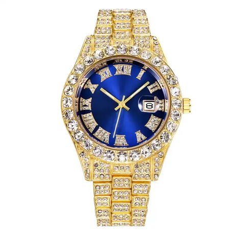 Blue Dial Gold Bracelet Pave Iced Roman Numerals With Date Fashion Men's Watch