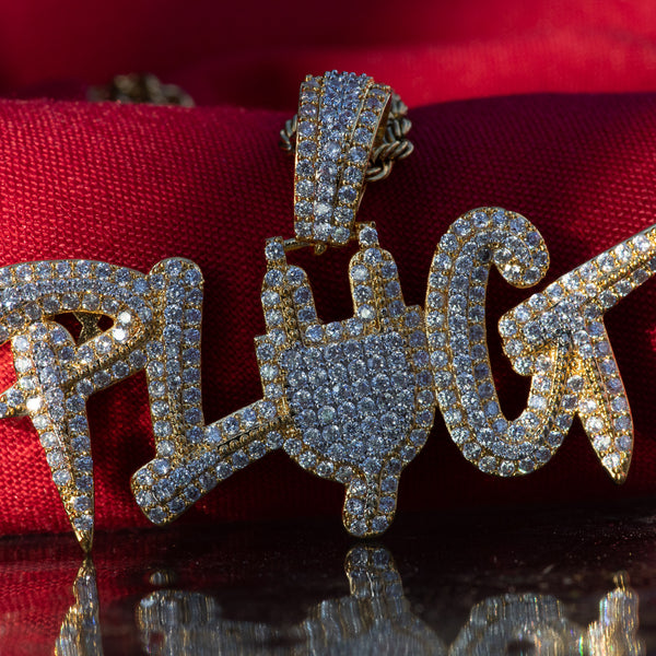 CUSTOM PLUG WORD PLUGIN TRAP PENDANT IN 18K YELLOW GOLD