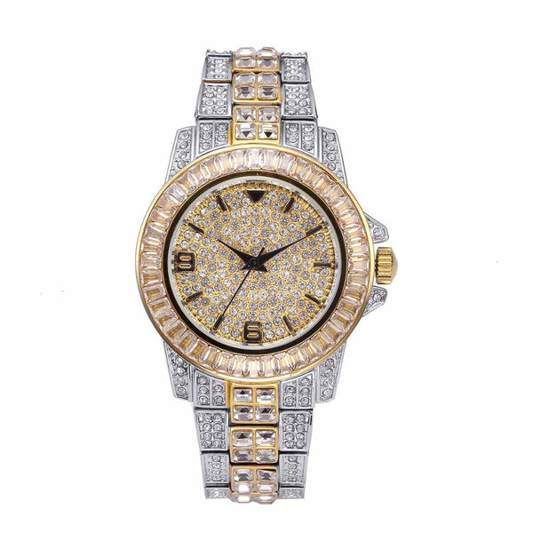 Two-Tone Iced Baguette Watch – Yellow/White Gold Finish