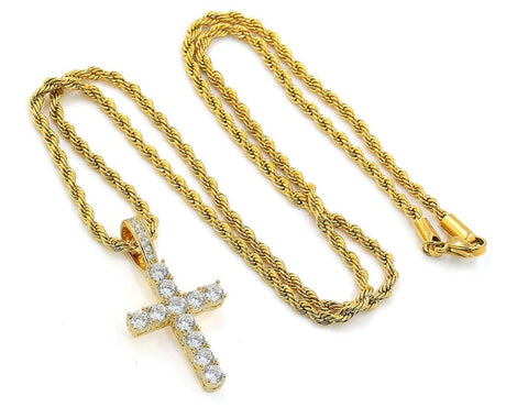 MICRO DIAMOND CROSS NECKLACE PENDANT IN WHITE AND YELLOW GOLD