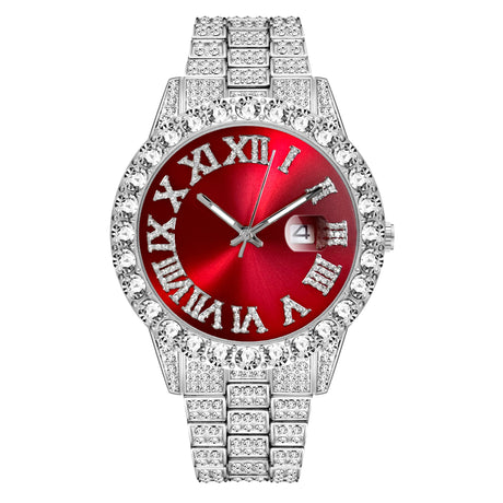 Red Dial White Gold Pave Iced Roman Numerals With Date Fashion Men's Watch
