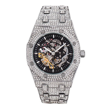 Automatic White Gold Skeleton Face Iced Watch