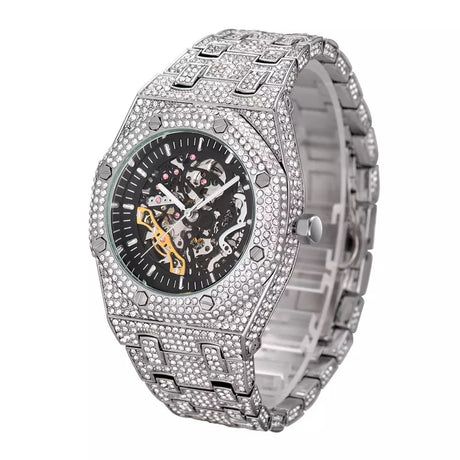 Automatic White Gold Skeleton Face Iced Watch