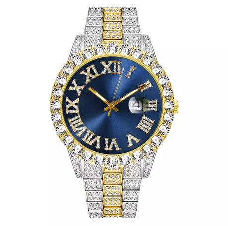 Blue Dial Two Tone Bracelet Pave Iced Roman Numerals With Date Fashion Men's Watch