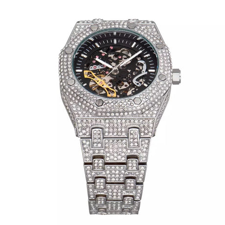 Automatic White Gold Skeleton Face Iced Watch