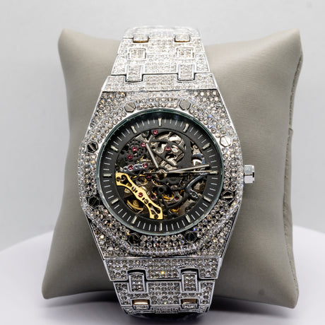 Automatic White Gold Skeleton Face Iced Watch