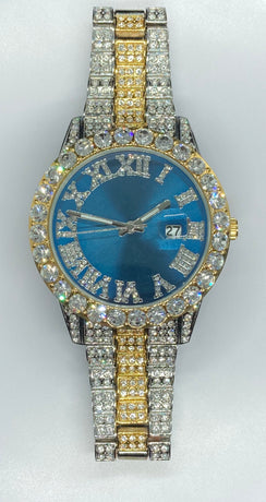 Blue Dial Two Tone Bracelet Pave Iced Roman Numerals With Date Fashion Men's Watch