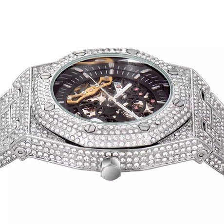 Automatic White Gold Skeleton Face Iced Watch